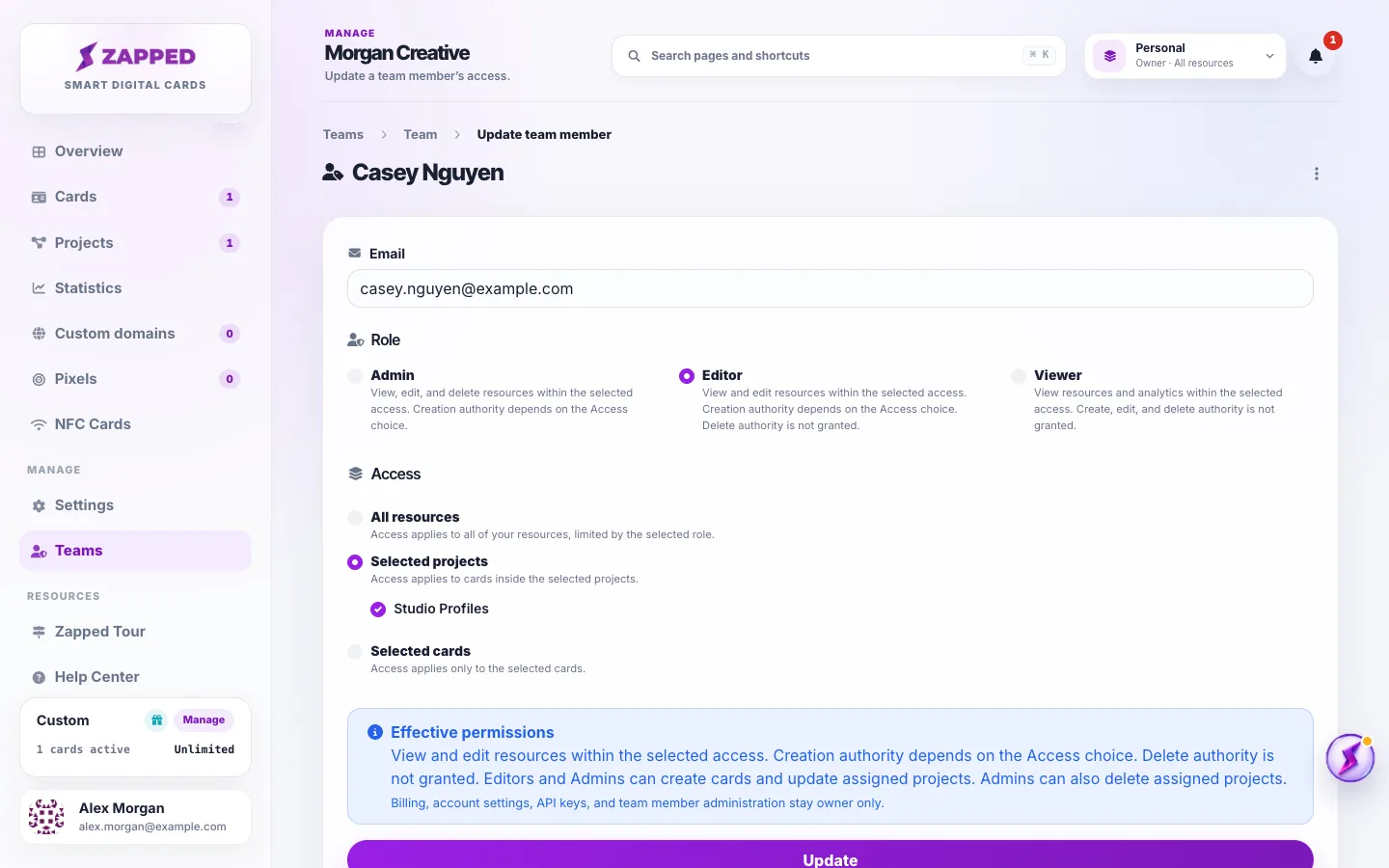 Zapped team member form for Casey Nguyen with the Editor role and Selected projects access to Studio Profiles