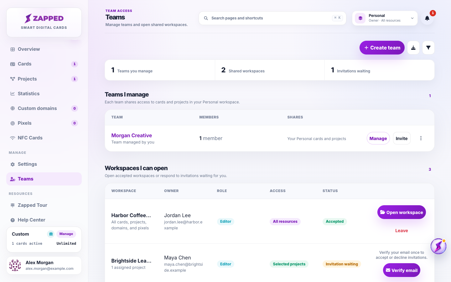 Zapped Teams page showing Teams I manage, accepted shared workspaces, and an invitation with a Verify email action