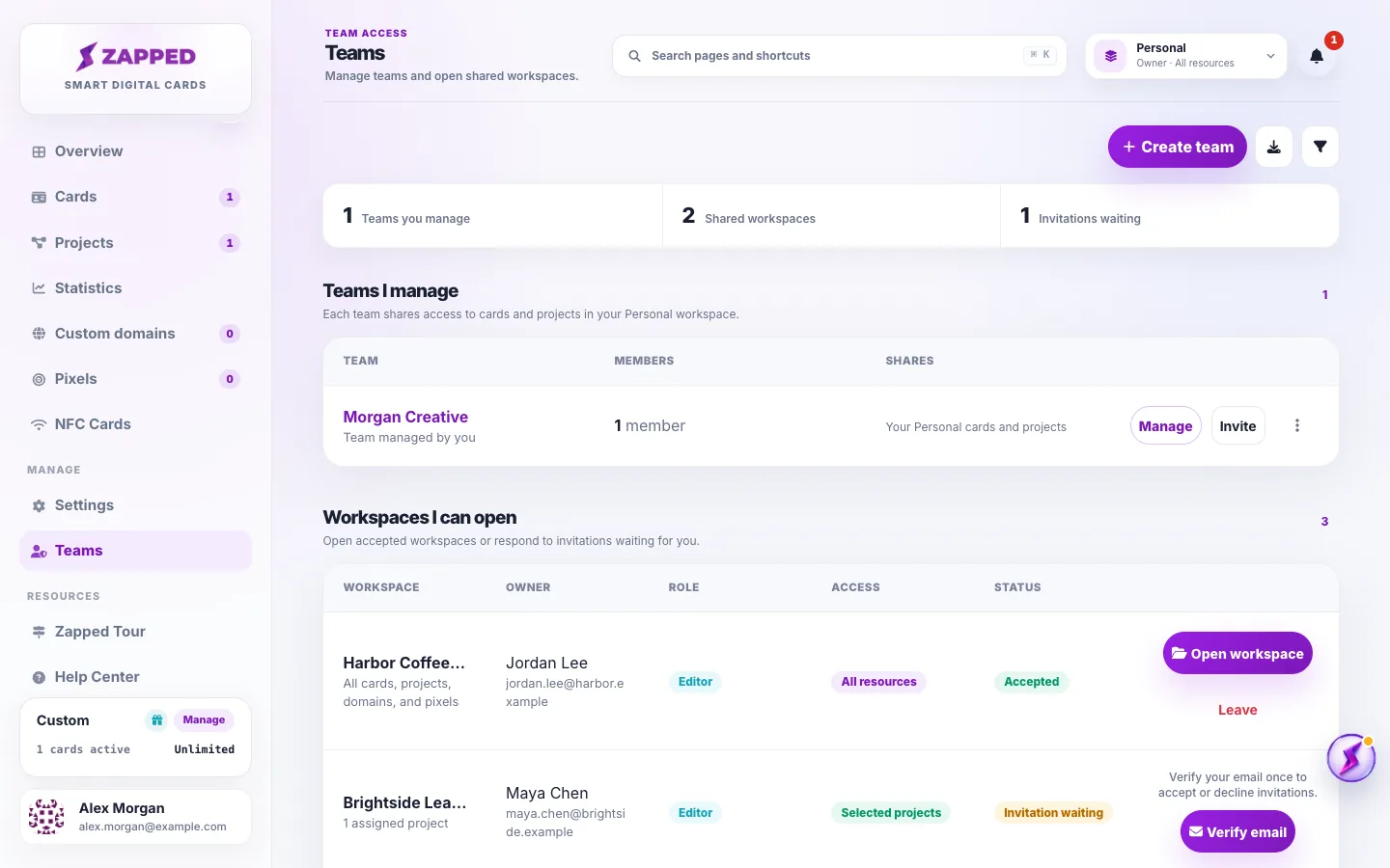 Zapped Teams page showing Teams I manage, accepted shared workspaces, and an invitation with a Verify email action