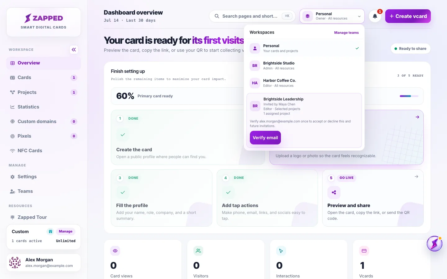 Zapped workspace switcher showing Personal, accepted workspaces, and a Brightside Leadership invitation with a Verify email action
