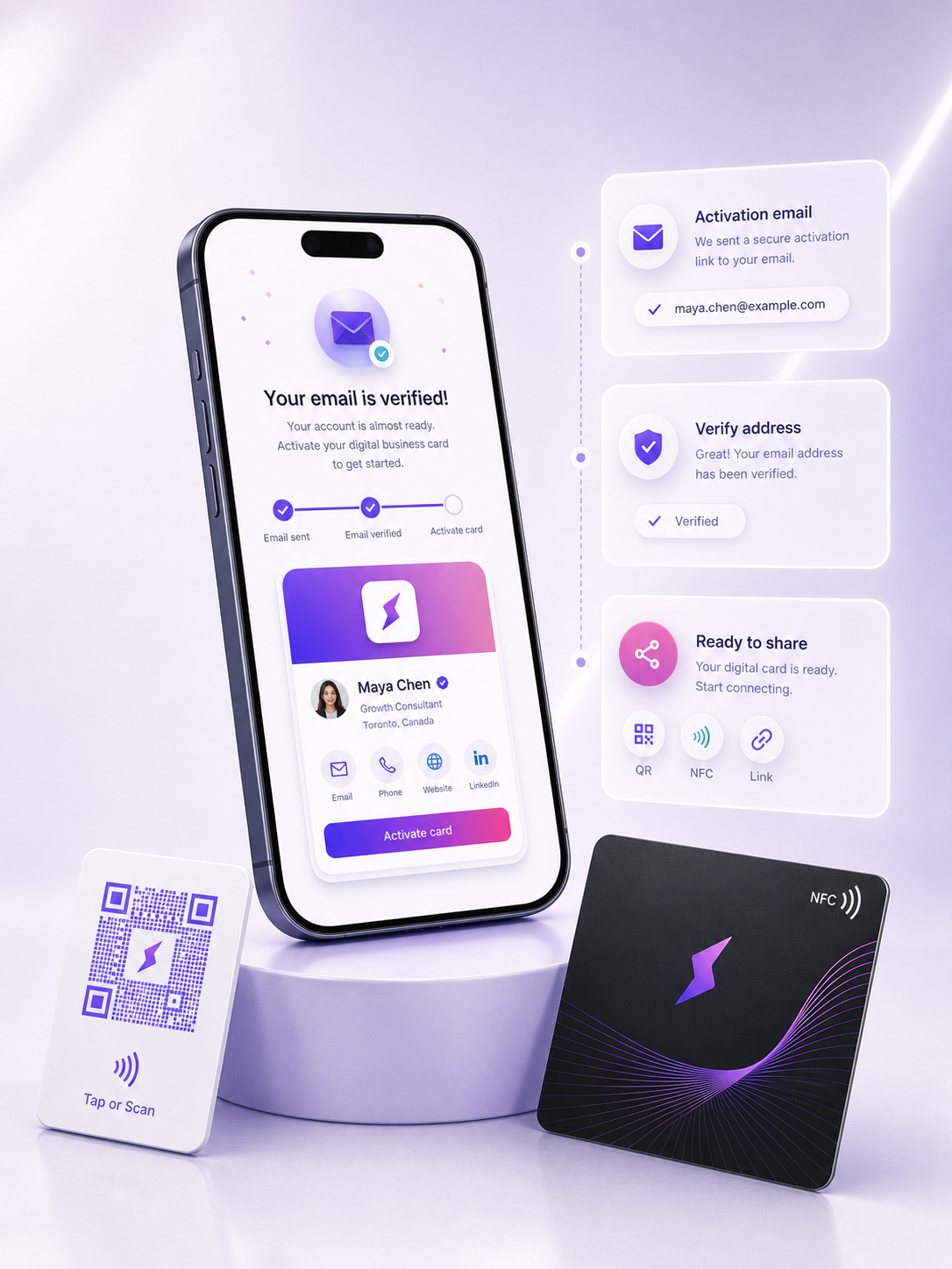 Zapped account activation screen with digital business card preview