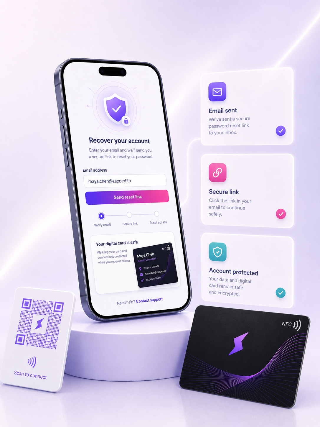 Zapped account recovery screen with digital business card security preview