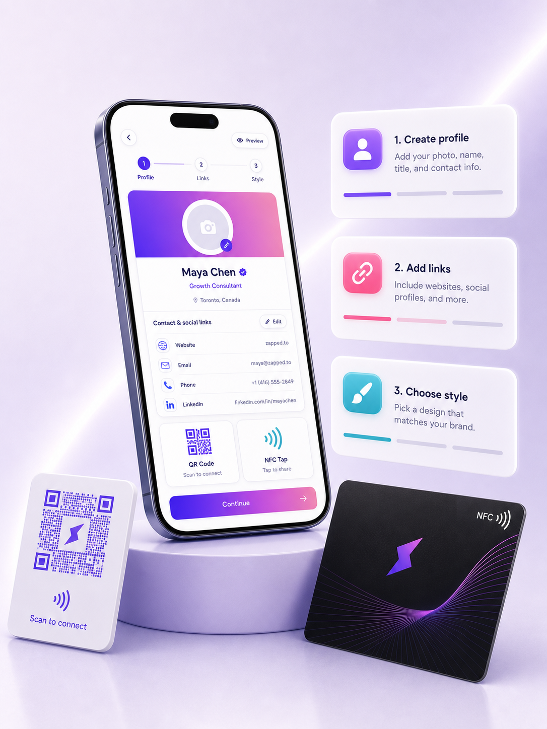 Zapped registration screen with digital business card and contact sharing preview