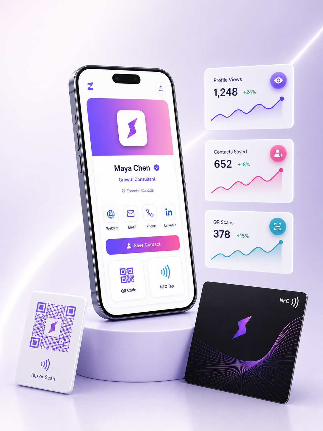 Zapped digital business card dashboard with QR code, NFC card, and contact analytics