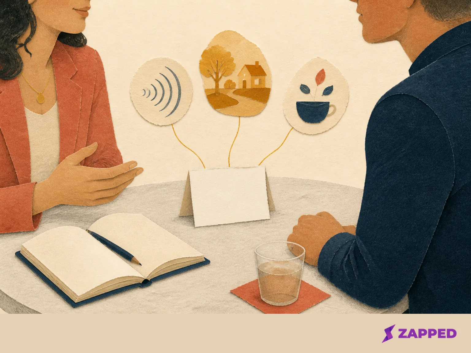 Blank name card connected to sound, place, and conversation cues at a networking table