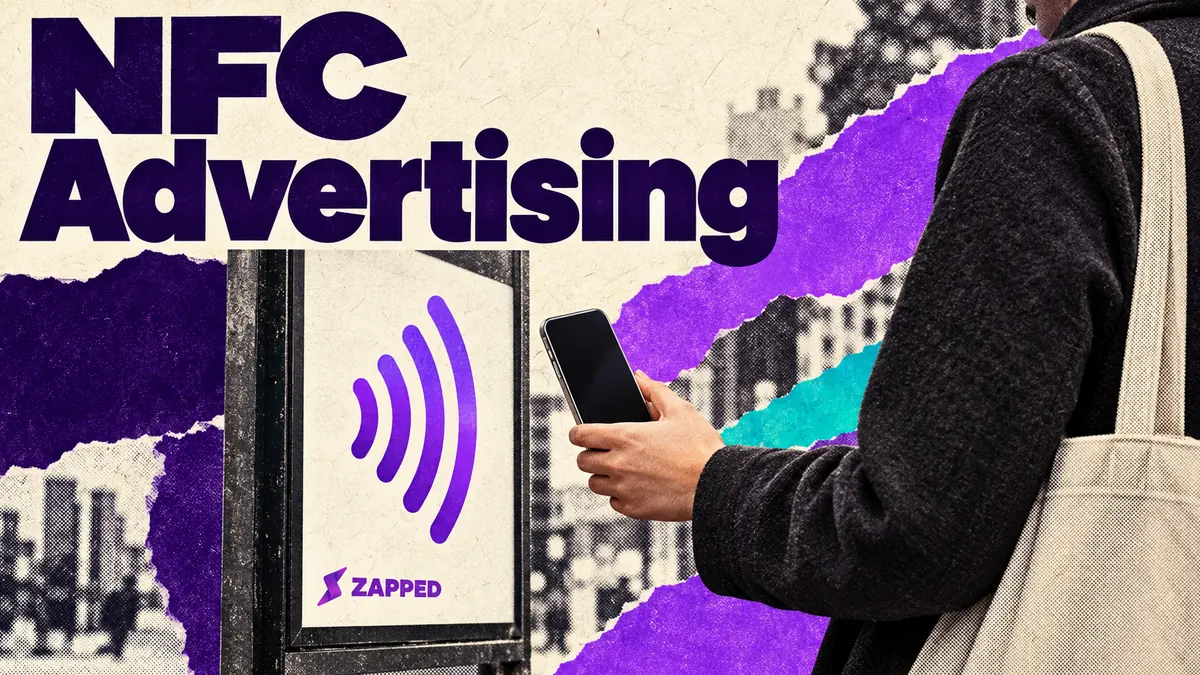 A person choosing to tap a phone on a public NFC advertising sign.
