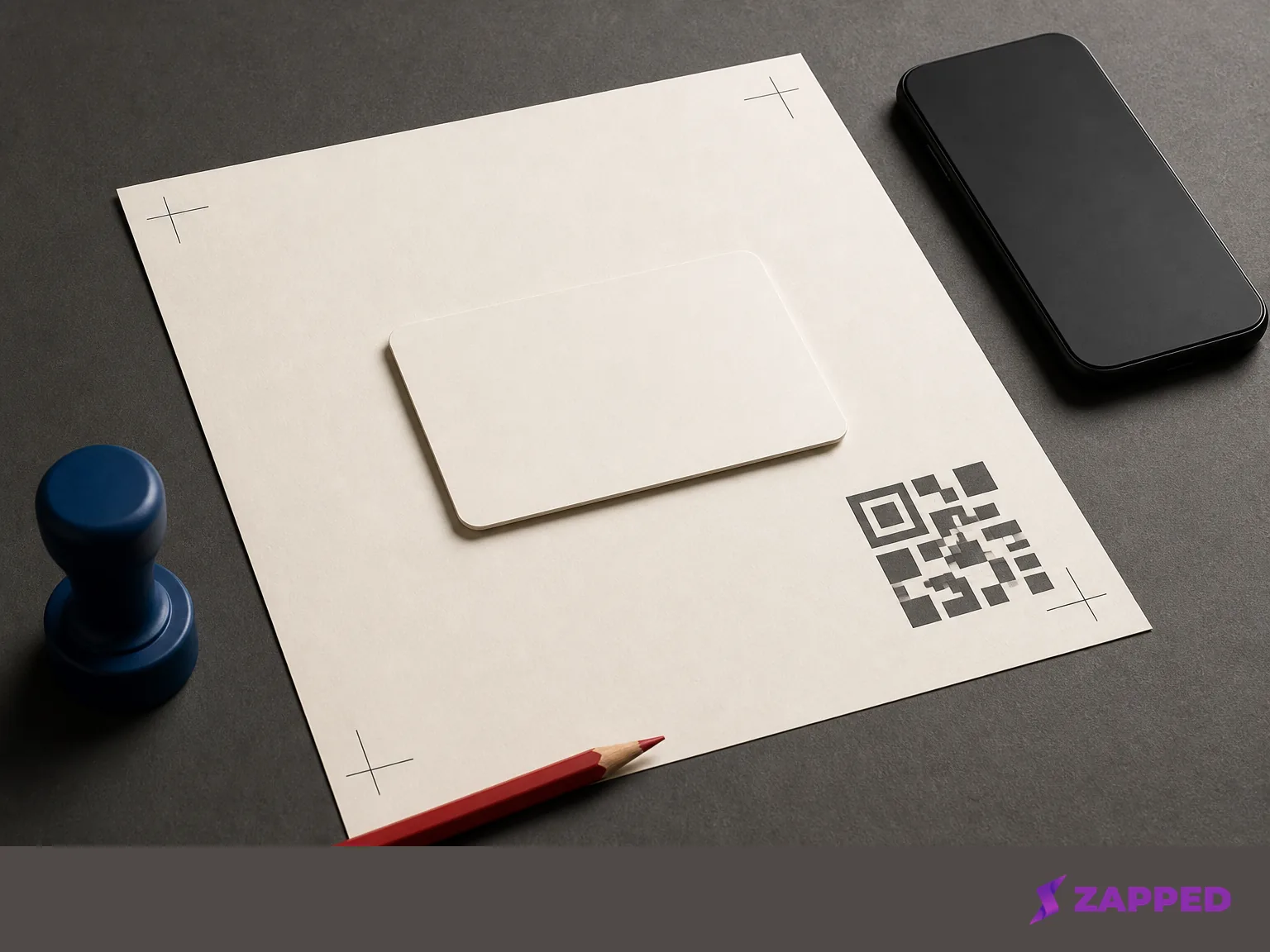 Blank proof sheet with a card, an abstract QR-like square, and a phone used as objects during print approval