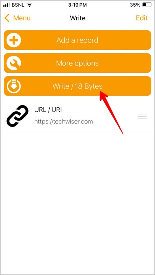 NFC Tools write prompt showing a phone writing to an NFC tag