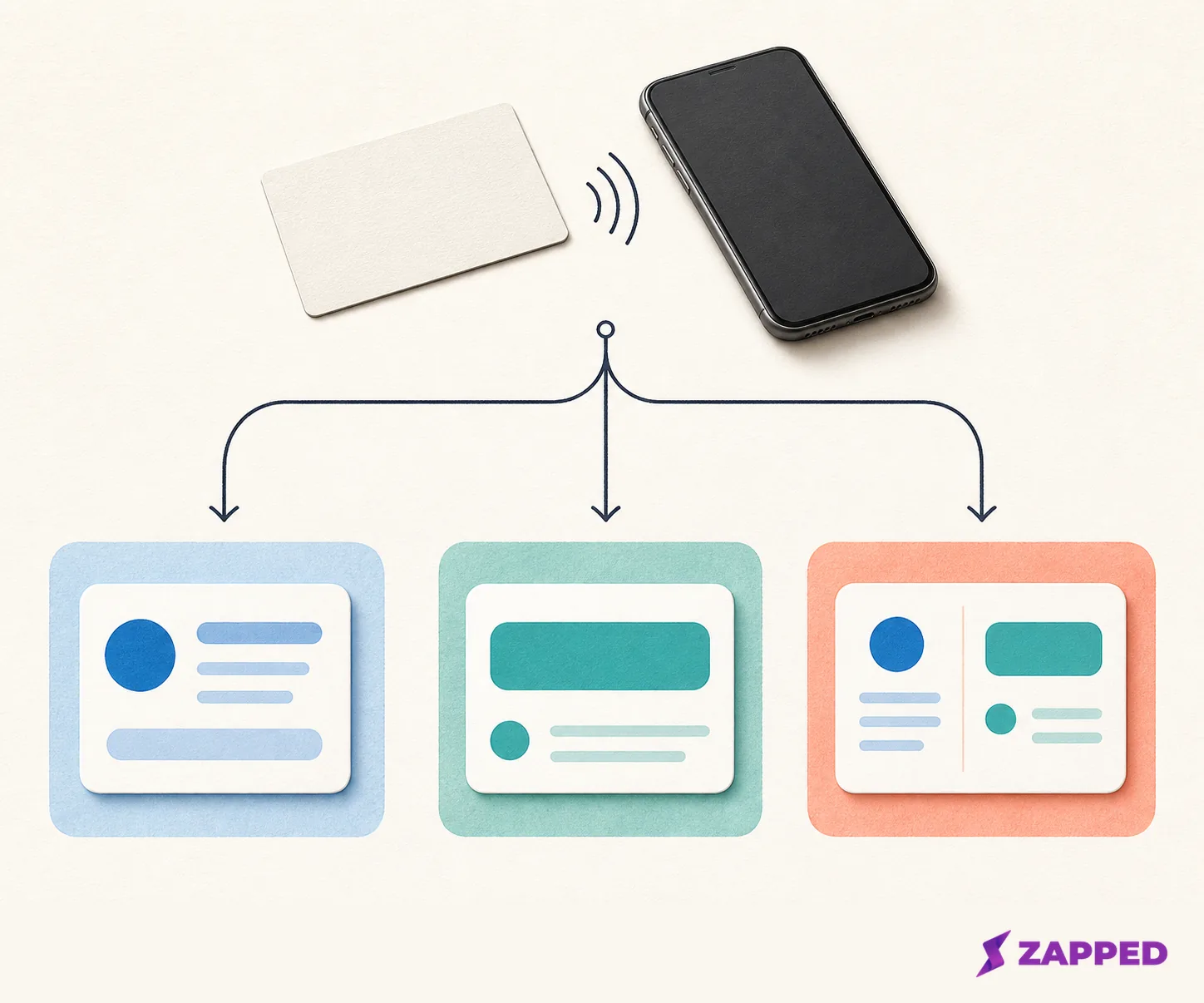 A blank NFC business card and phone branching to three unlabelled abstract contact payload tiles.
