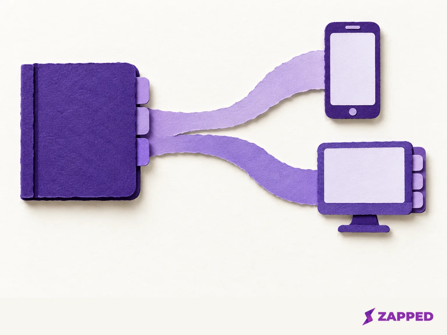 A closed contact file branches toward a blank phone and a blank desktop address book.
