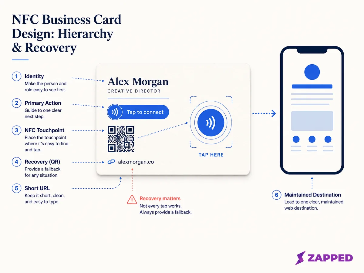 Annotated NFC business card wireframe showing one primary action, a marked tap point, a QR fallback, a short URL, and a readable content hierarchy