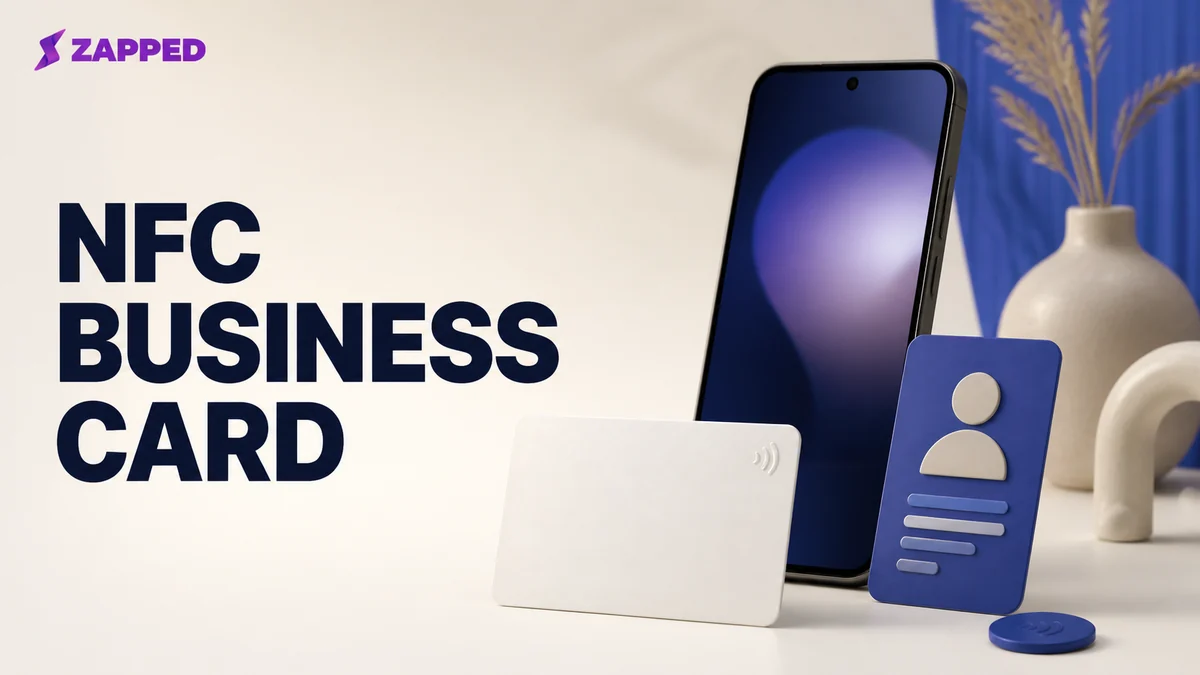Android phone beside a blank NFC card and a simple digital contact profile card