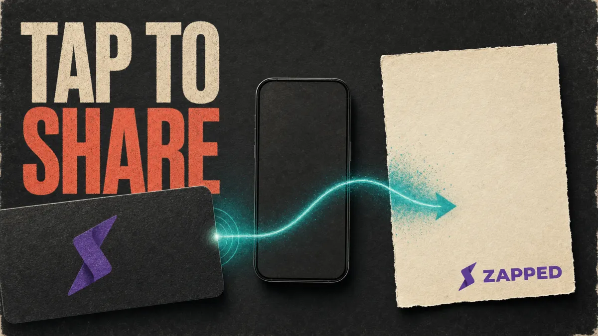 Editorial illustration with the words Tap to Share beside a black card, a phone, and a glowing handoff line leading to a cream paper panel branded ZAPPED