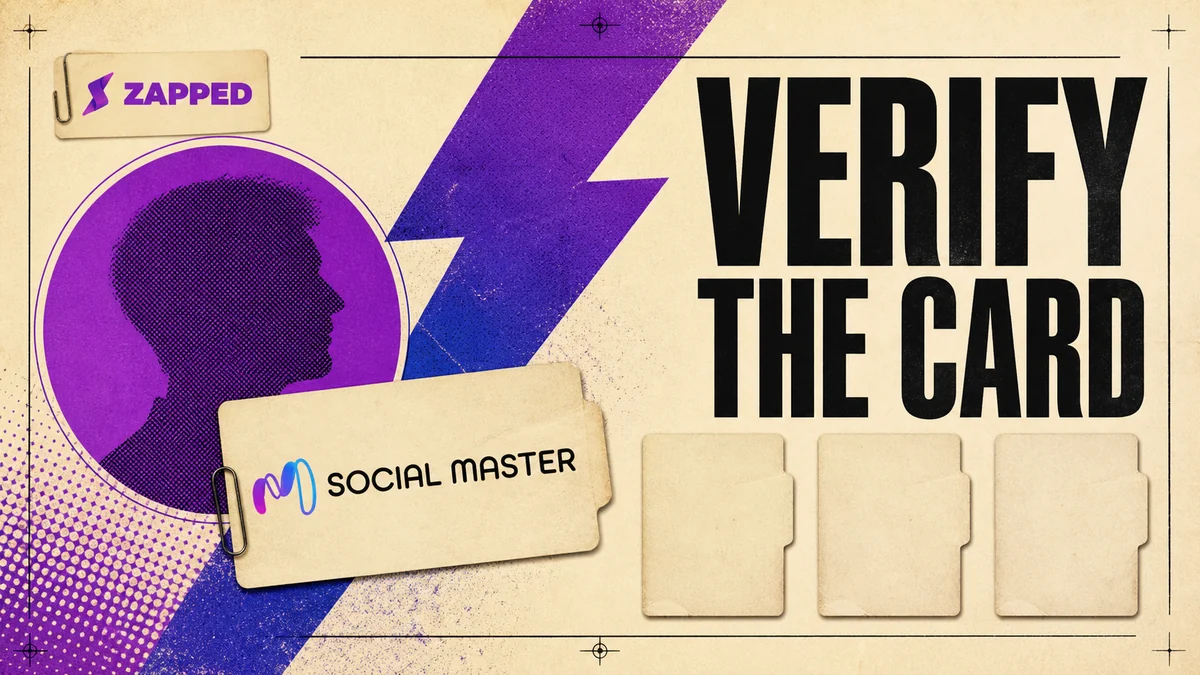 Editorial poster showing a Social Master card, profile silhouette, and the phrase VERIFY THE CARD
