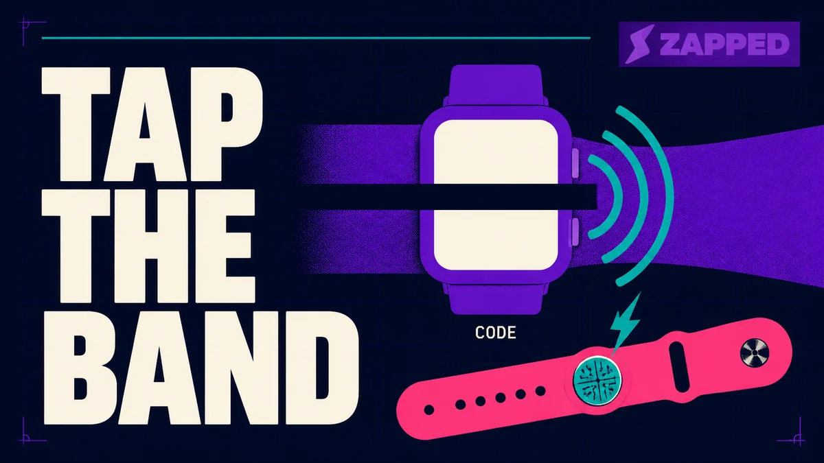 An Apple Watch on a wrist showing a contact code, beside a separate watch band with an NFC chip in the strap