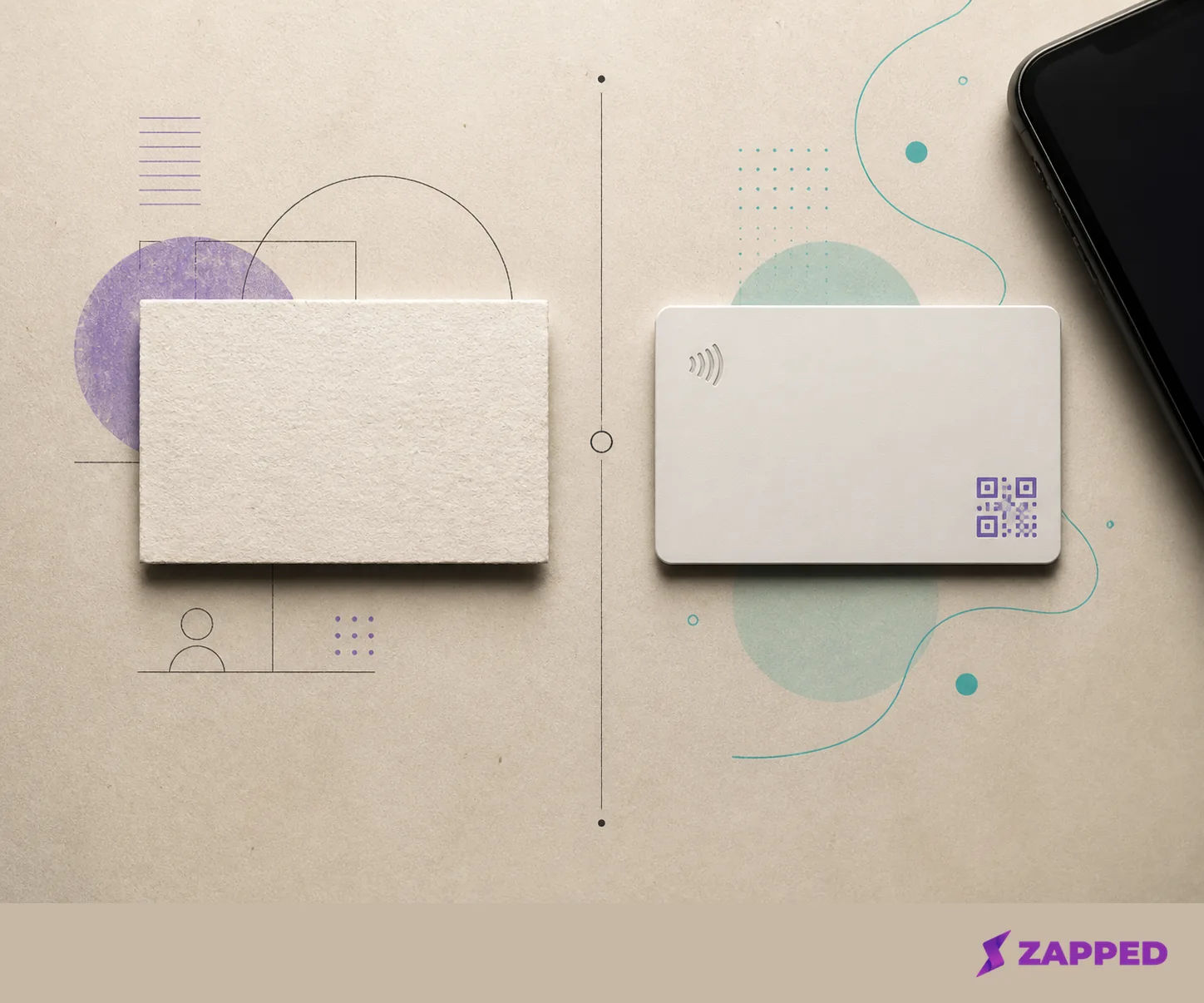 Conceptual comparison of a blank paper card and blank NFC card with abstract reminder and update marks