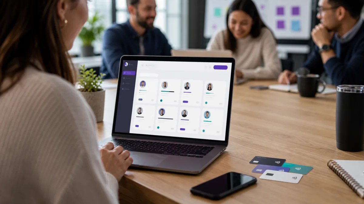 A manager reviewing team digital business card profiles on a laptop