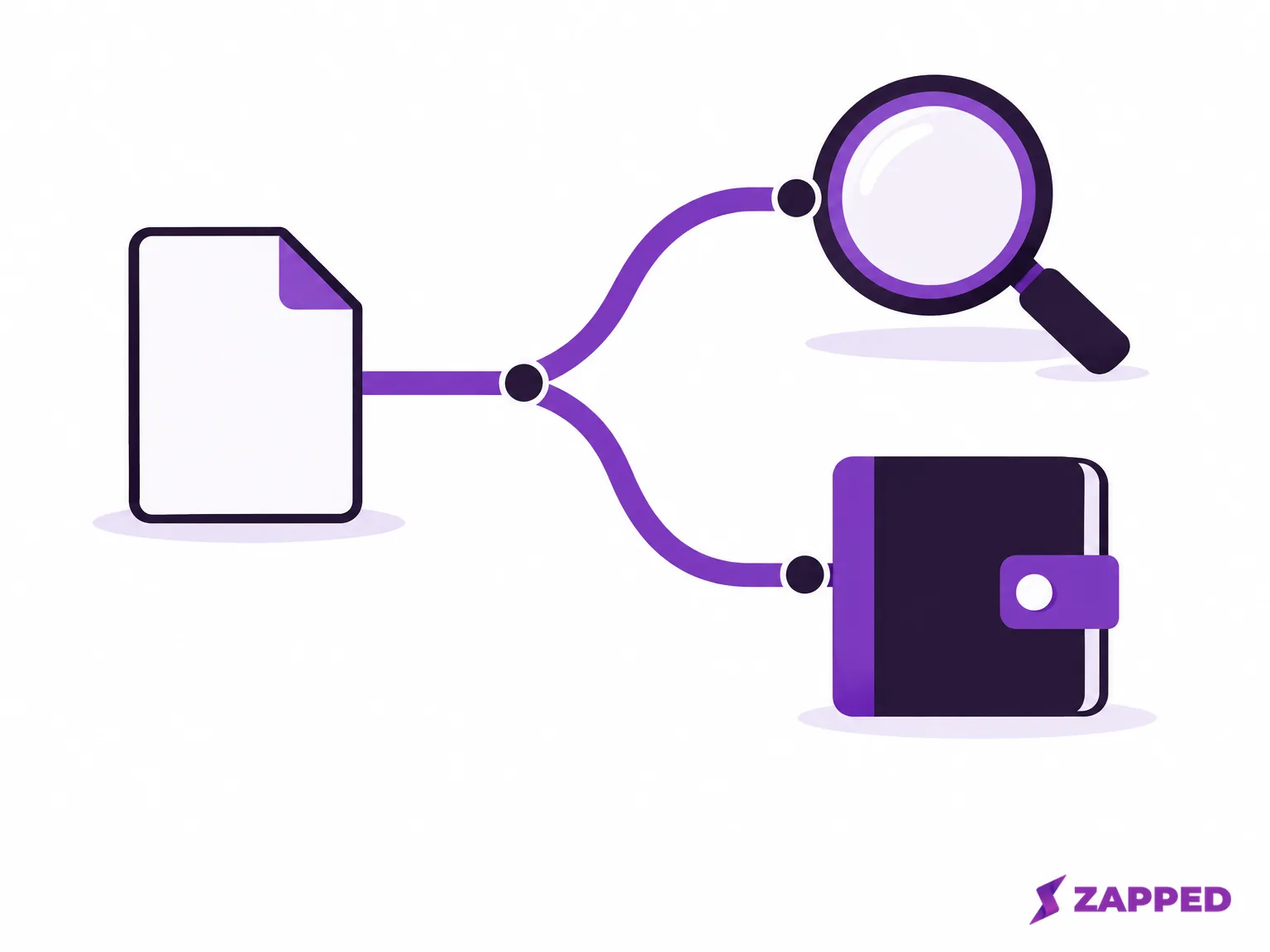 A blank contact file branches toward a magnifying glass for inspection and a closed address book for a later save decision