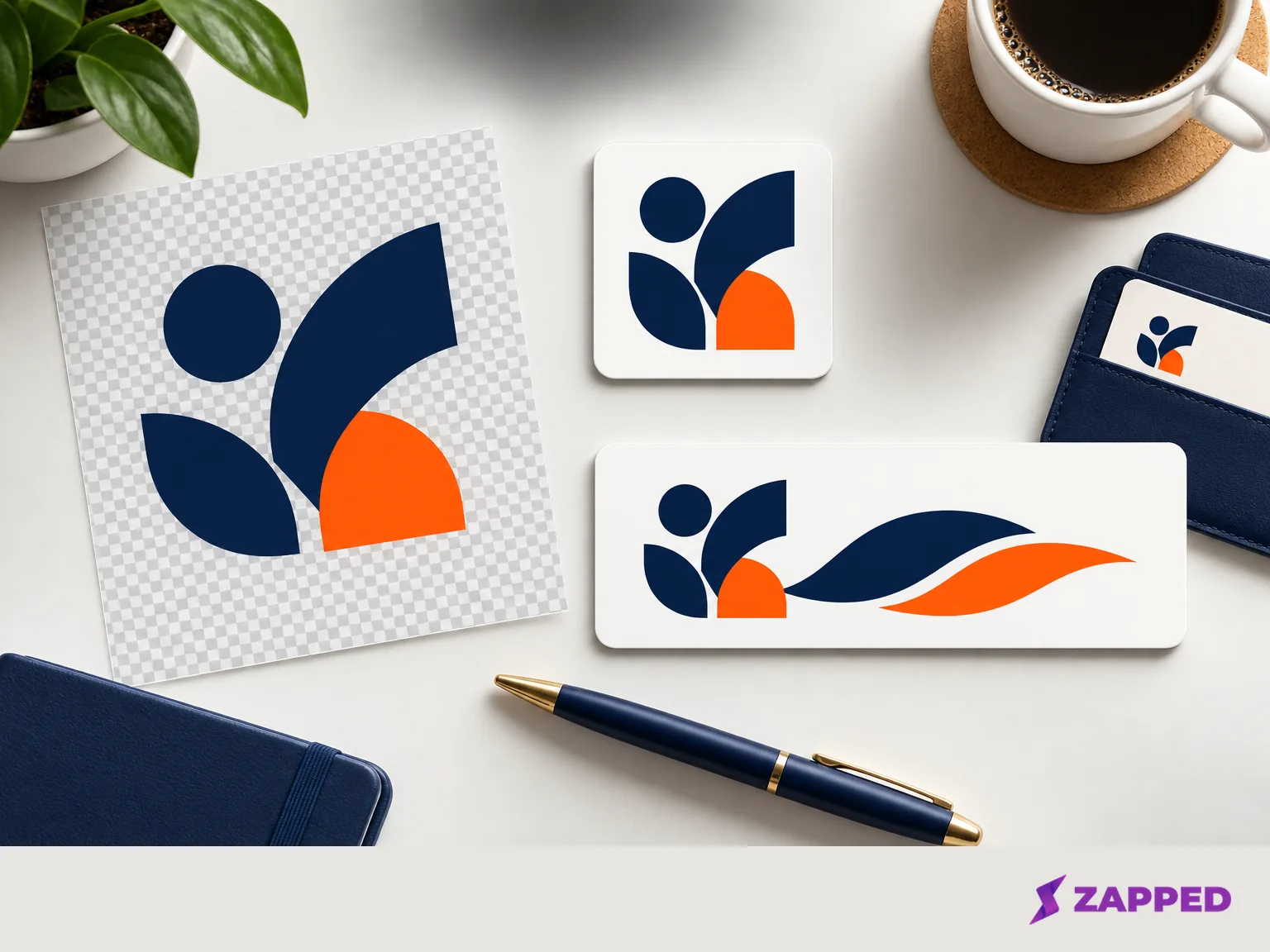 A transparent logo sheet beside square and wide logo crops on a desk