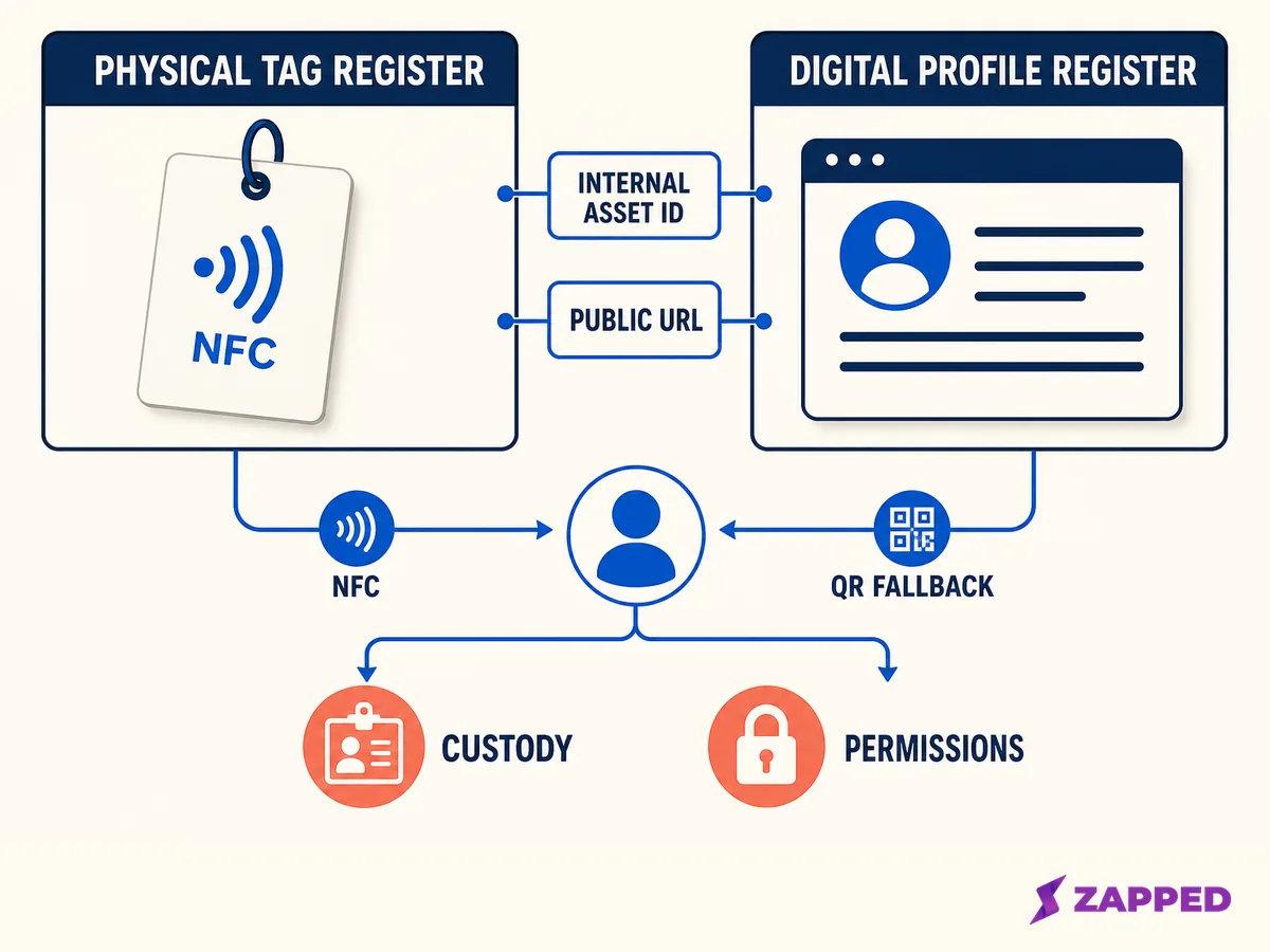 Team NFC control plane connecting a physical tag register and a digital profile register through an internal asset ID and public URL, with NFC and QR routes reaching the live profile