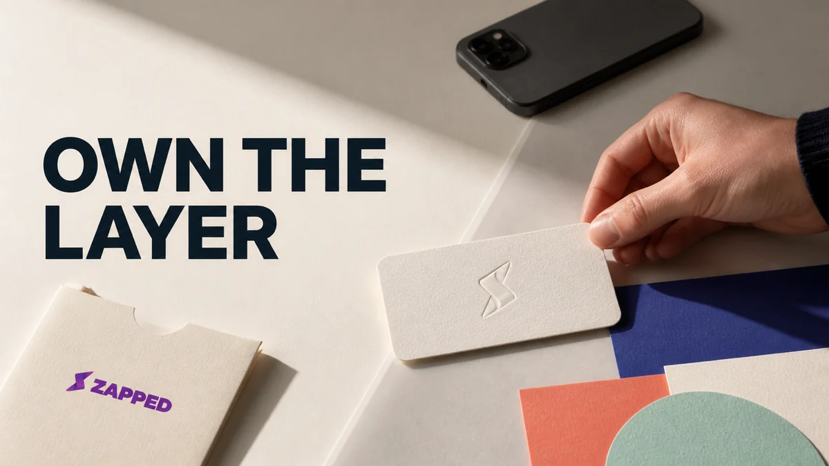 Agency owner comparing white label digital business card options beside blank branded cards