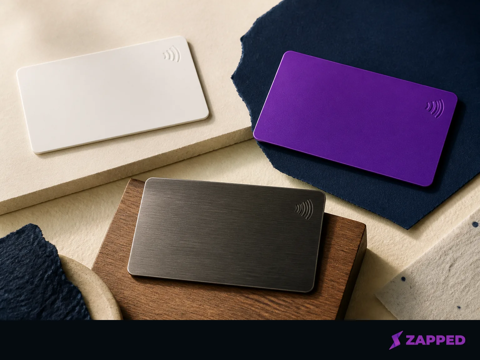 Editorial illustration of three blank NFC card forms showing everyday plastic, a custom colored card, and a premium material card.
