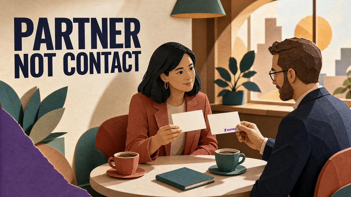 Two professionals comparing blank contact cards at a cafe table.