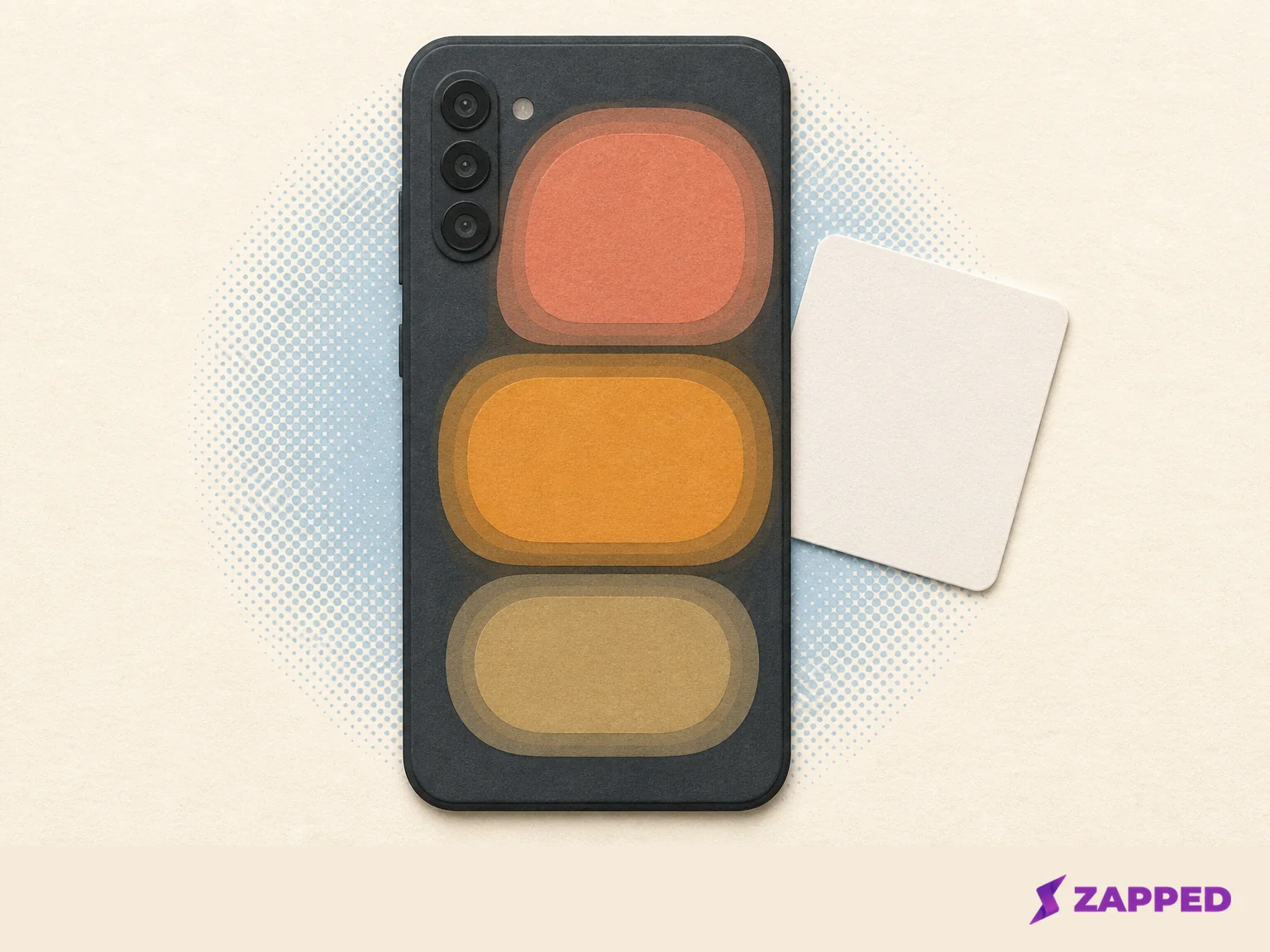 Generic Android phone back with three abstract upper, middle, and lower highlight zones beside a blank NFC card