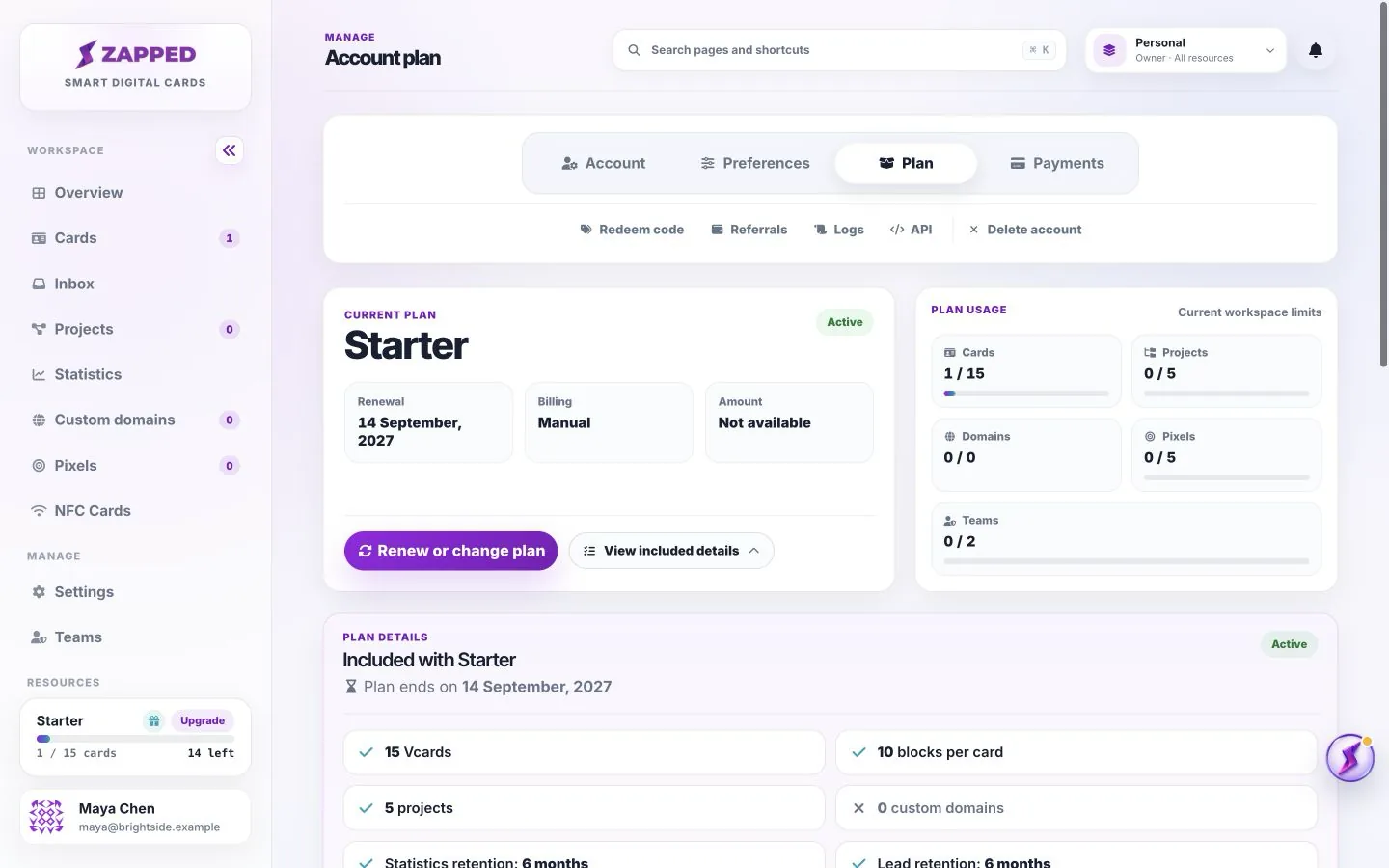 Fictional Starter account Plan page showing card allowances and lead retention details.