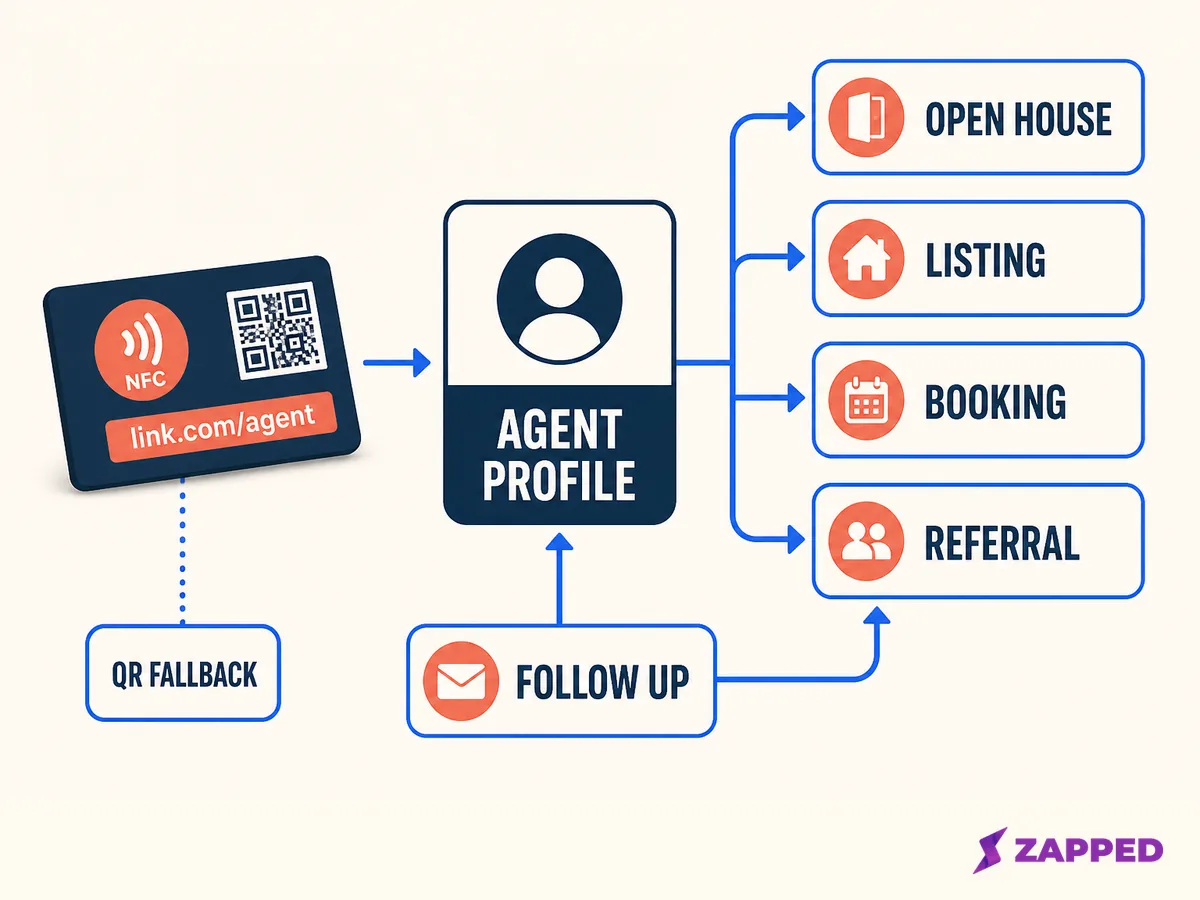 Real estate NFC handoff workflow from conversation moment to agent profile, property or booking route, save contact action, and follow up