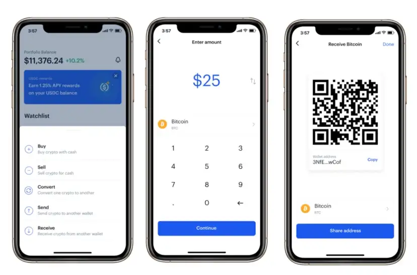 Coinbase mobile send and receive screens showing a Bitcoin receive QR code