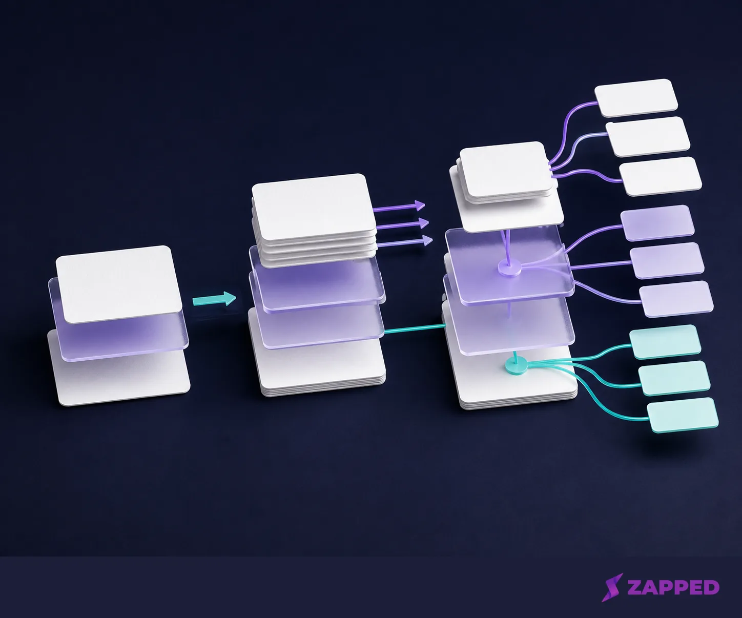 Blank card stacks arranged as solo, team, and connected workflow layers in a conceptual editorial illustration