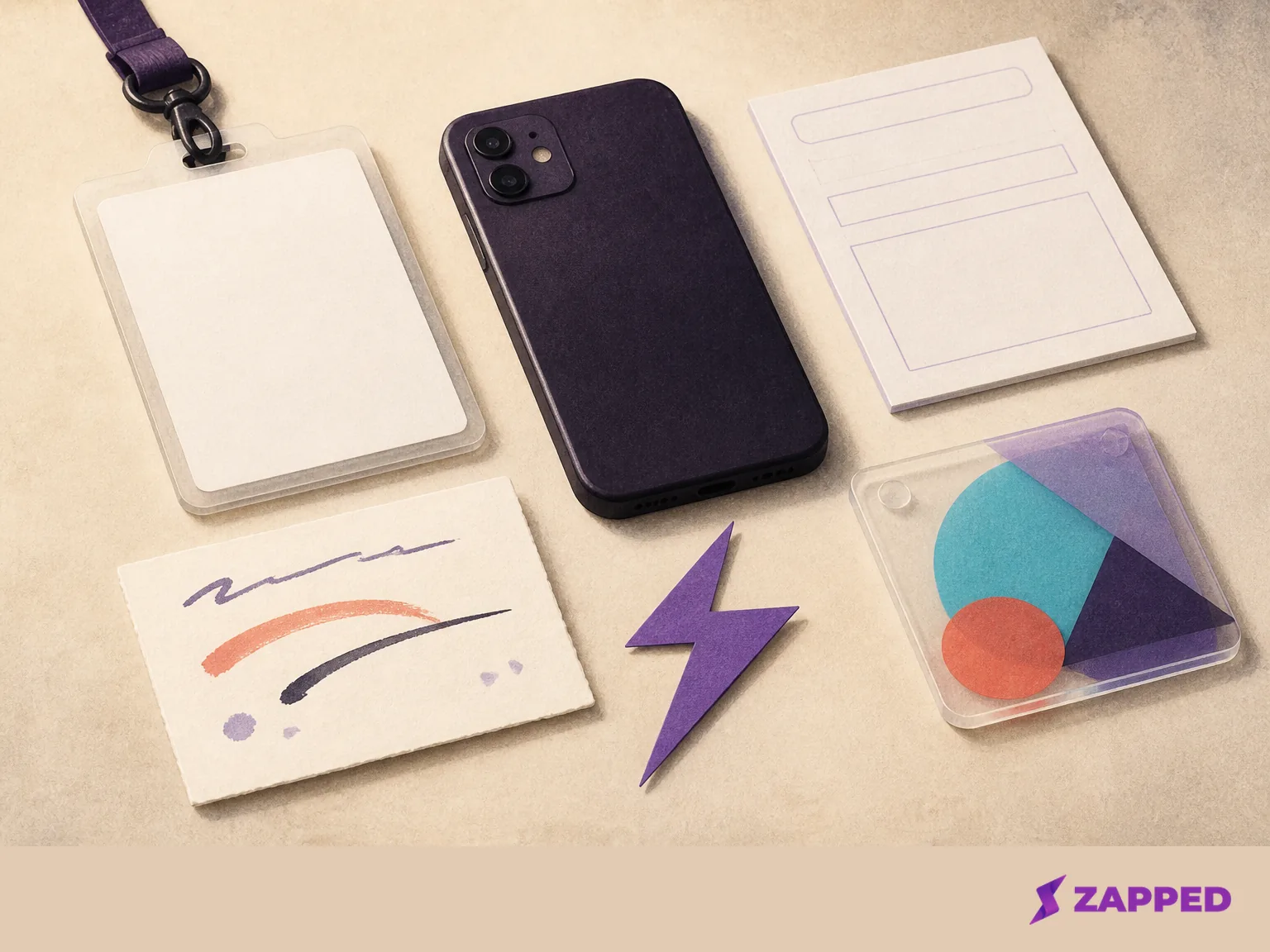 Conceptual fallback arrangement with a blank event badge, phone, blank form, note card, and abstract digital contact card