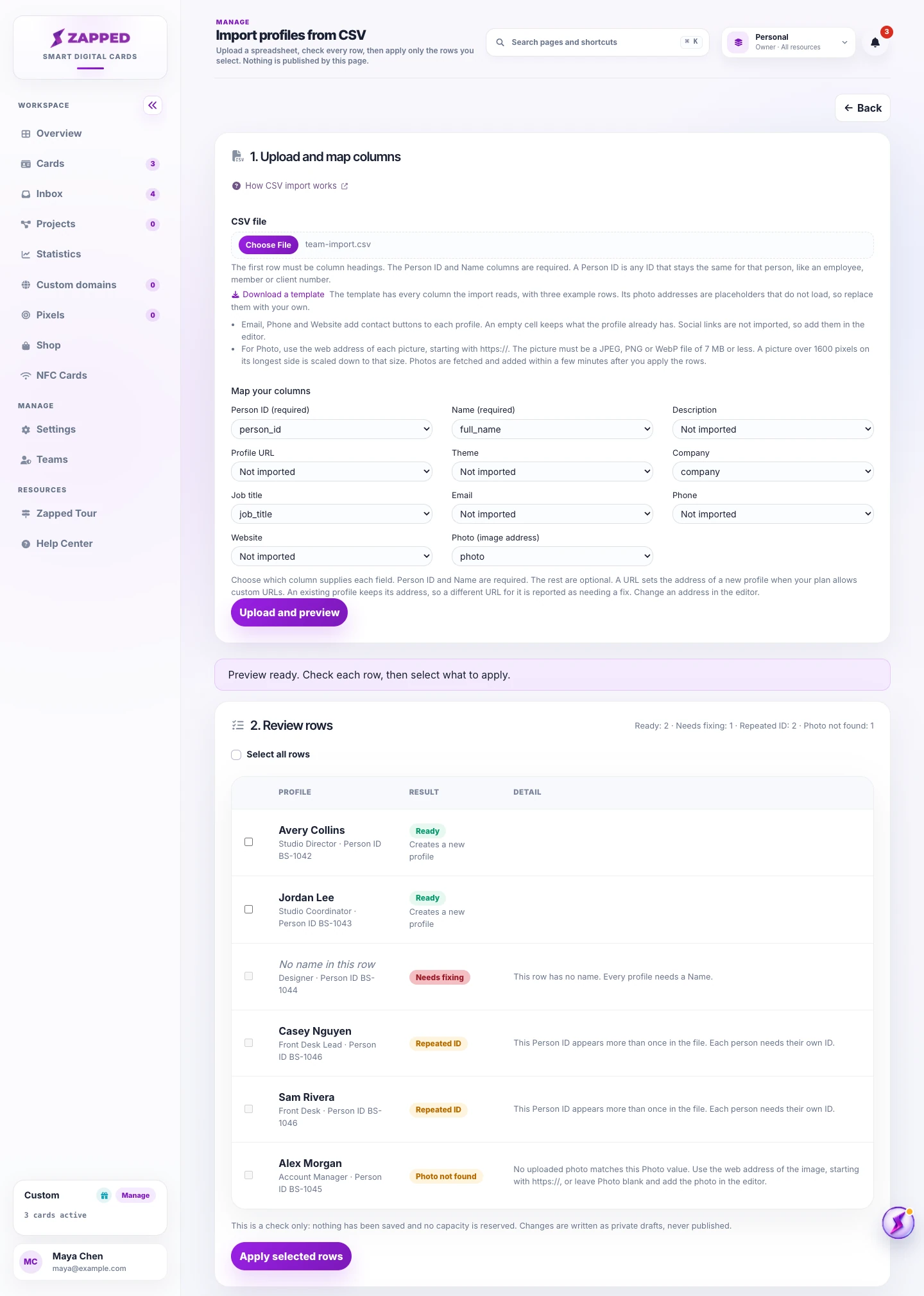 CSV import preview showing profile rows before they are applied.