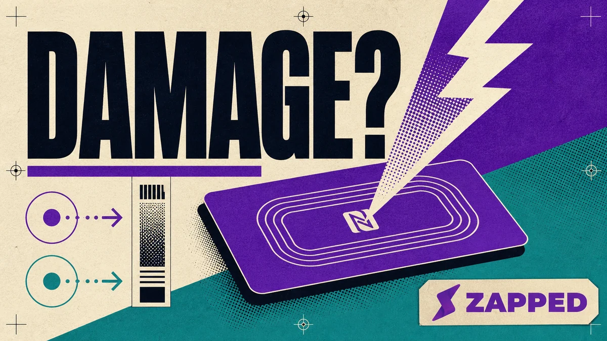Editorial poster showing an NFC business card under a diagnostic beam beside the label DAMAGE?