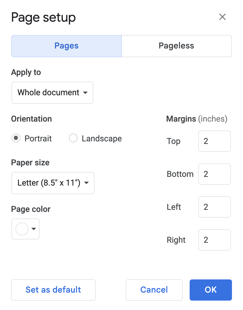 Google Docs Page setup dialog showing orientation, paper size, and margins