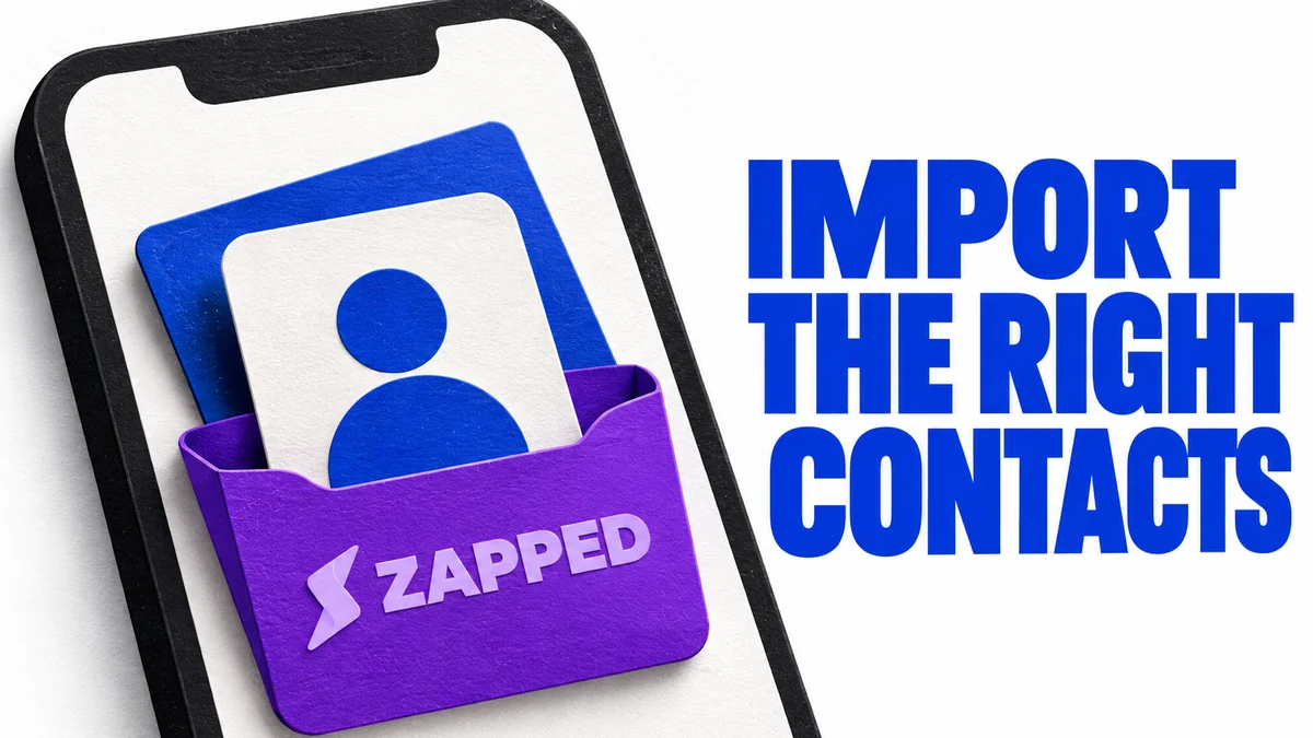 Editorial illustration of a contact file moving toward an iPhone address book, with a separate account destination and a clear cover line about importing the right contacts