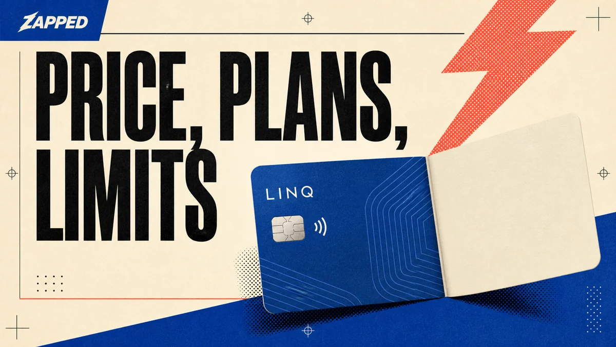 Editorial poster showing an abstract Linq card beside the phrase PRICE, PLANS, LIMITS