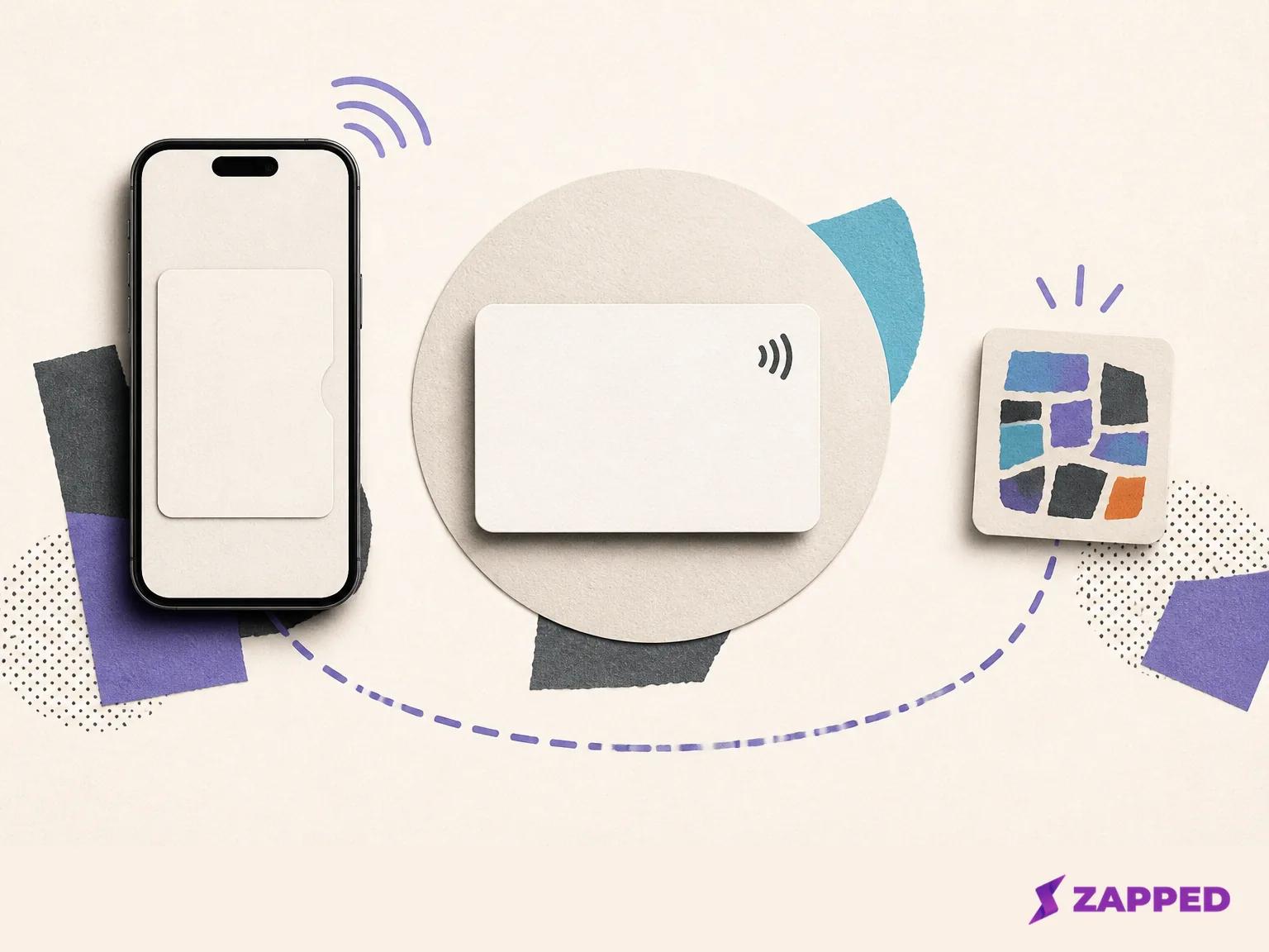 Illustration comparing a blank Wallet style phone pass, physical NFC card, and broken abstract mosaic fallback around one shared destination.