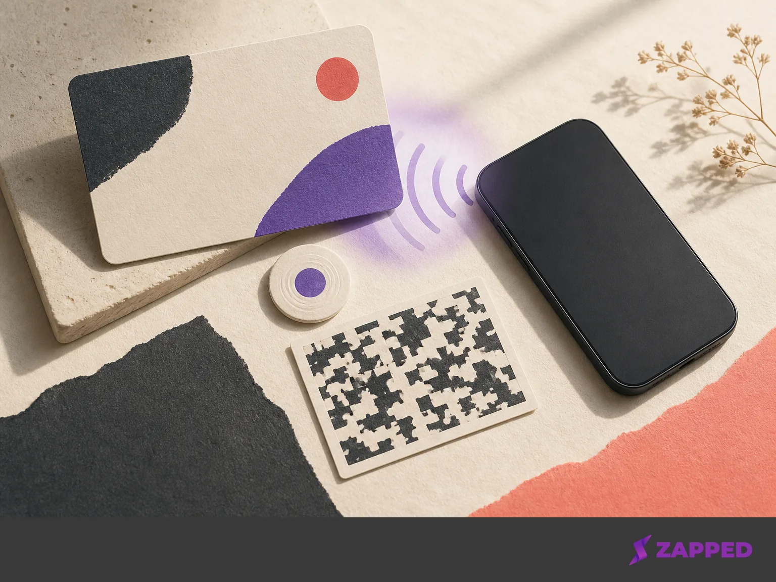 Conceptual NFC business card, small NFC tag, dark phone, and abstract QR fallback arranged on a paper surface