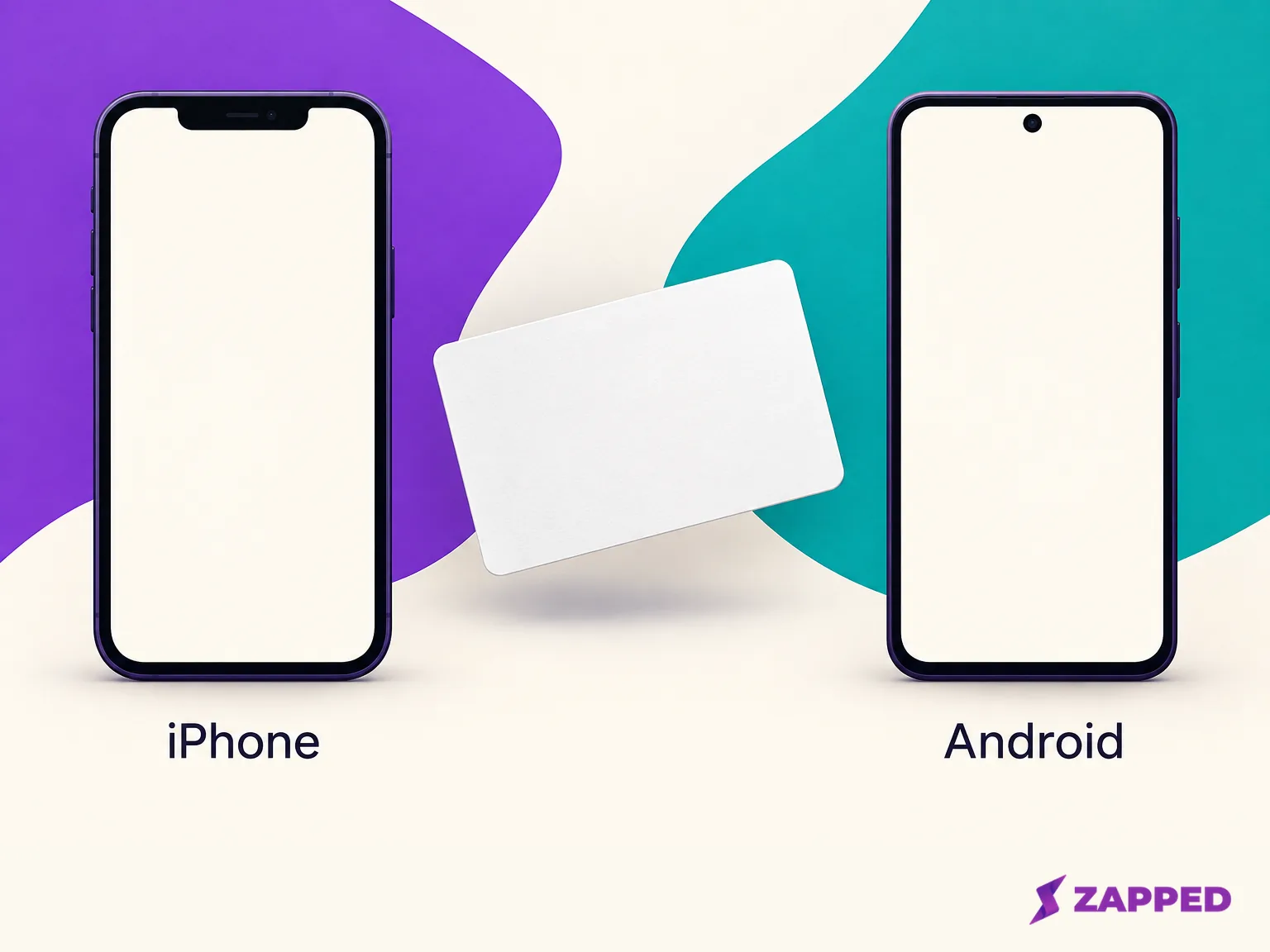 Illustration of a blank NFC card between phones labeled iPhone and Android.
