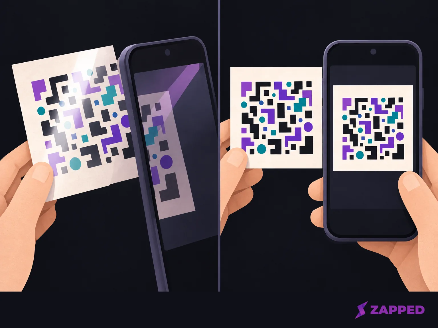 A conceptual diagram shows glare and a tilted scan giving way to a steady view of the full QR-like square.