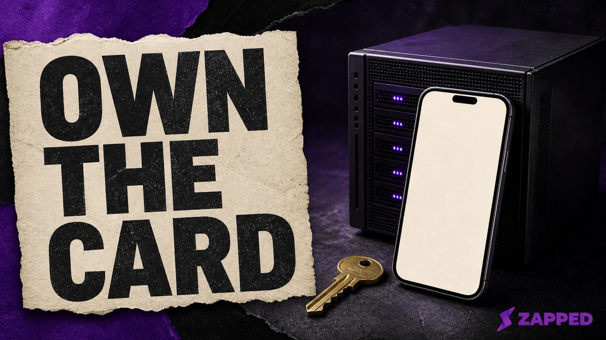 A phone showing a blank profile card beside a small server box and a house key, representing the choice between hosted convenience and ownership.