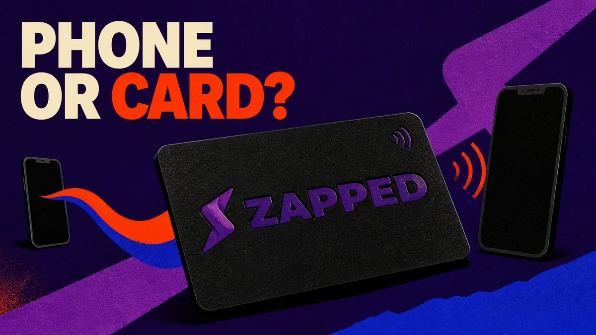Editorial illustration contrasting an iPhone writing a link to a physical NFC card with another phone reading the card