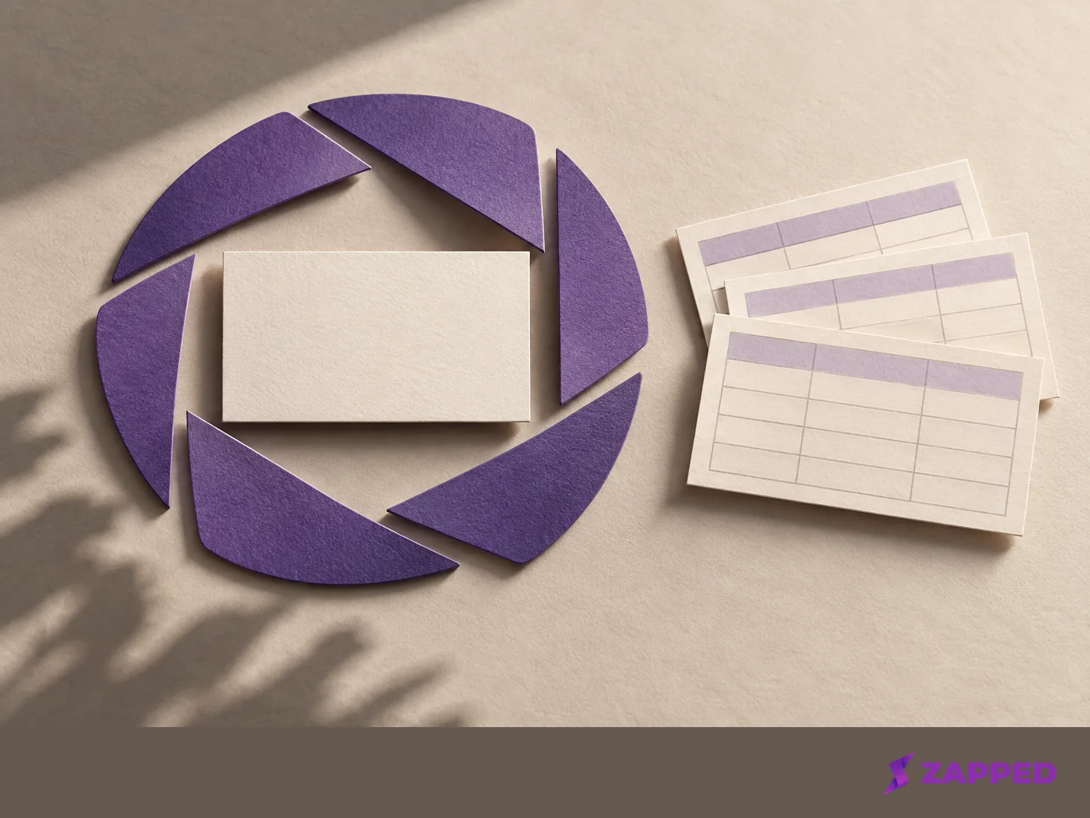 A blank business card framed by an abstract camera aperture beside blank spreadsheet rows.