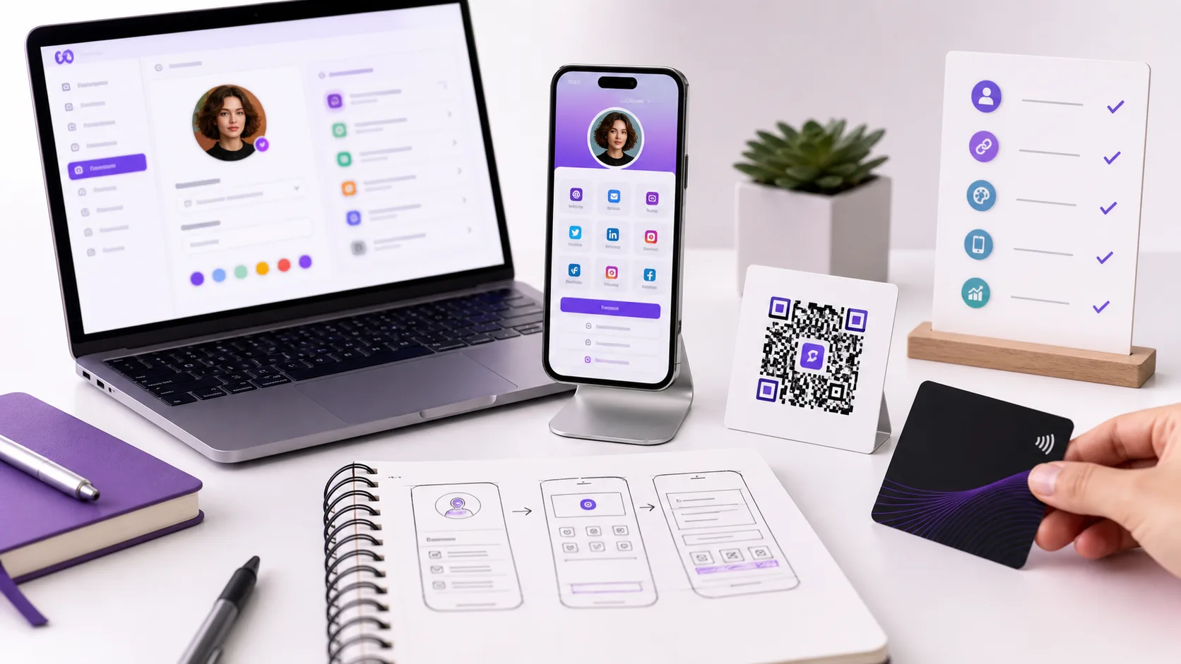 Digital business card creation workflow with laptop editor, phone preview, QR code, and NFC card