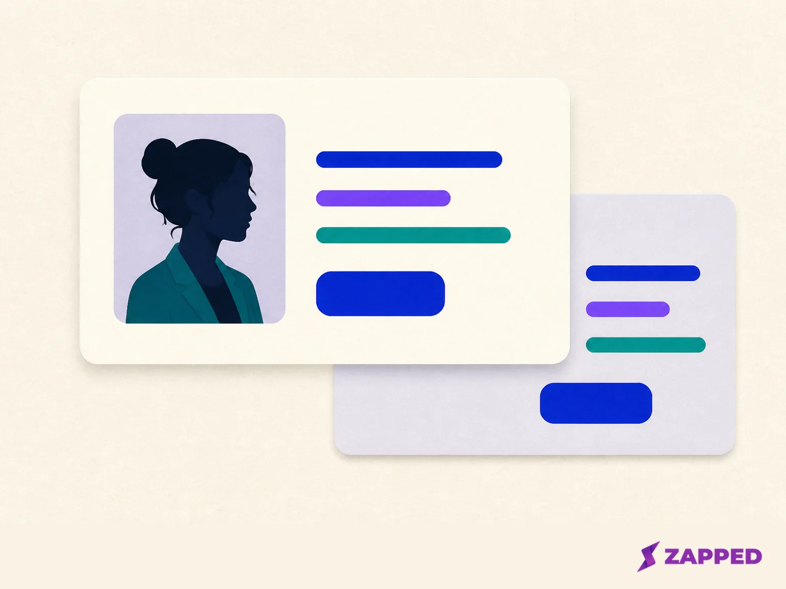Blank profile card silhouettes show a portrait beside identity text and a primary action, with a text-first fallback card behind it.