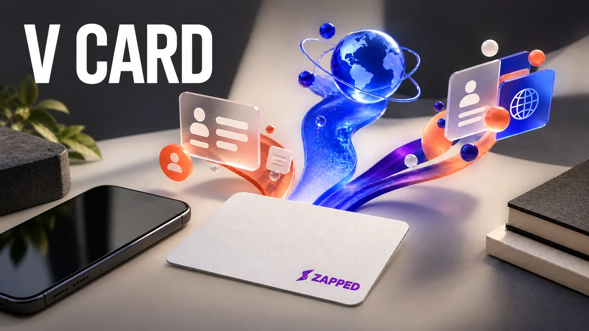 A blank NFC business card beside a phone and three abstract contact payload paths.