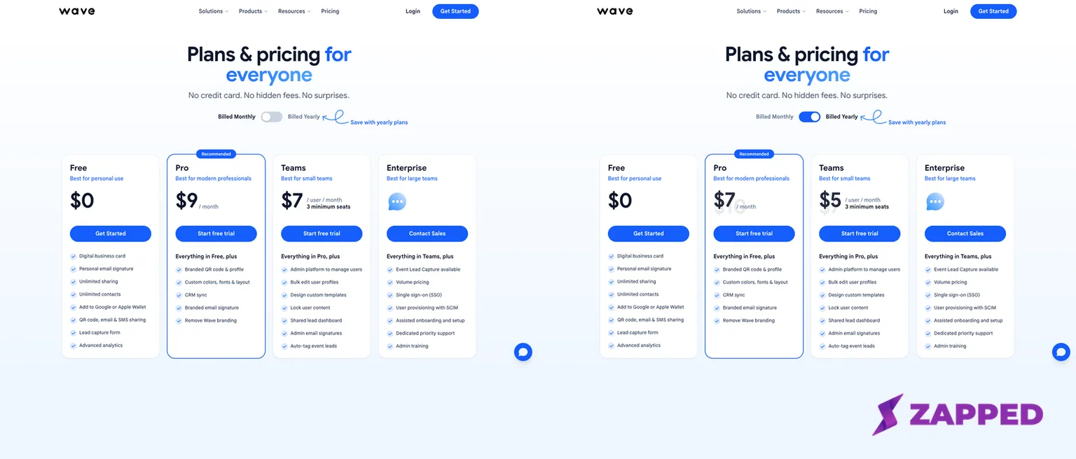 Wave Connect pricing comparison showing Free, Pro, Teams, Enterprise, and the optional NFC card price in the USD storefront