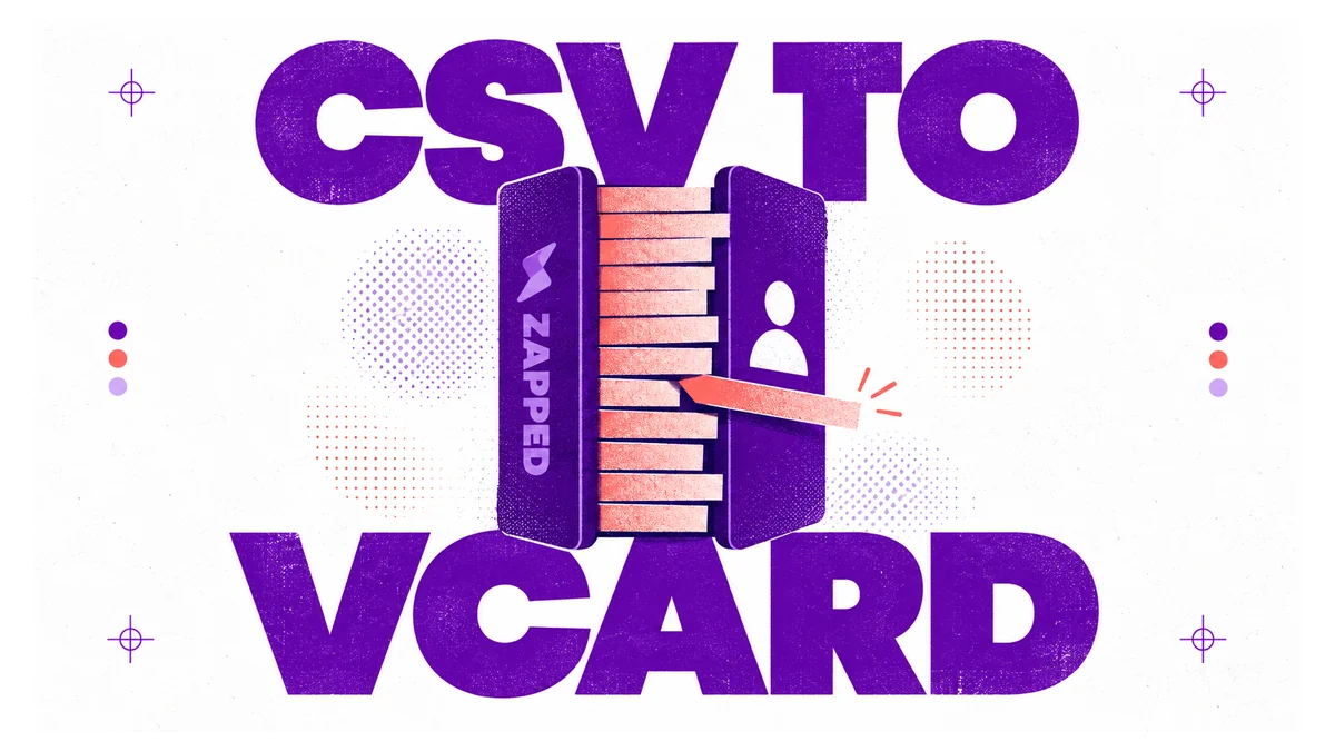 Illustrated CSV contact grid becoming a vCard file, with a single mismatched field highlighted for review.